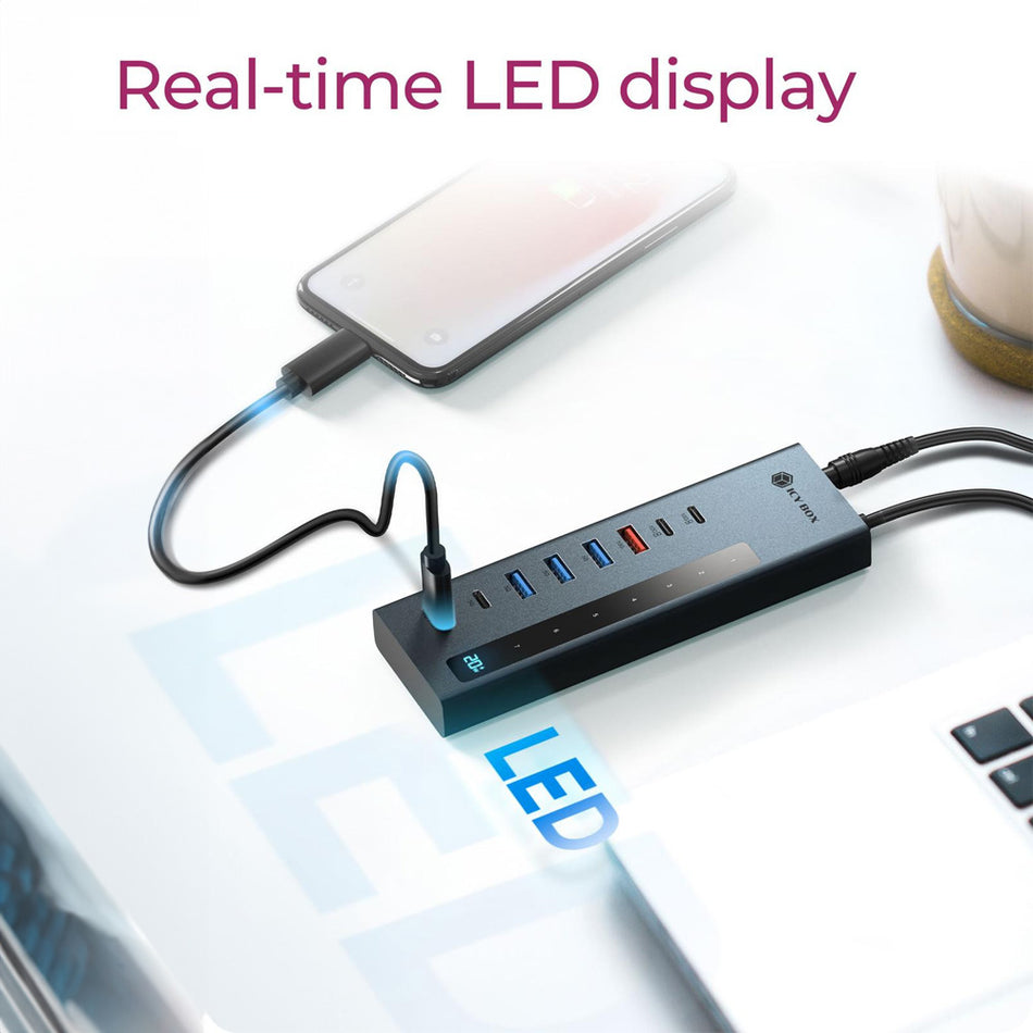 Icy Box 9 In 1 Led Display Hub With 2x Type C Pd100 W 1x Type C Pd20 W, 4x Usb3.2 & Type C/Usb Host Connection Grey