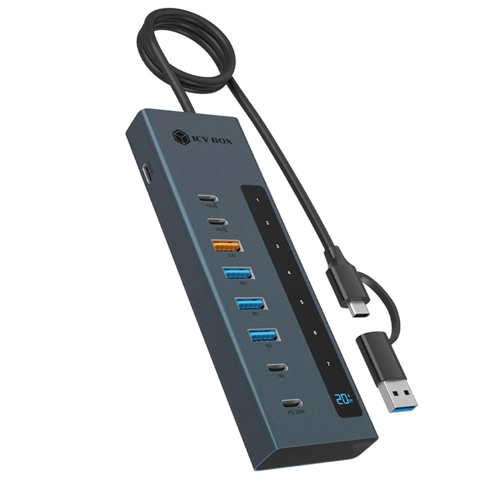 Icy Box 9 In 1 Led Display Hub With 2x Type C Pd100 W 1x Type C Pd20 W, 4x Usb3.2 & Type C/Usb Host Connection Grey