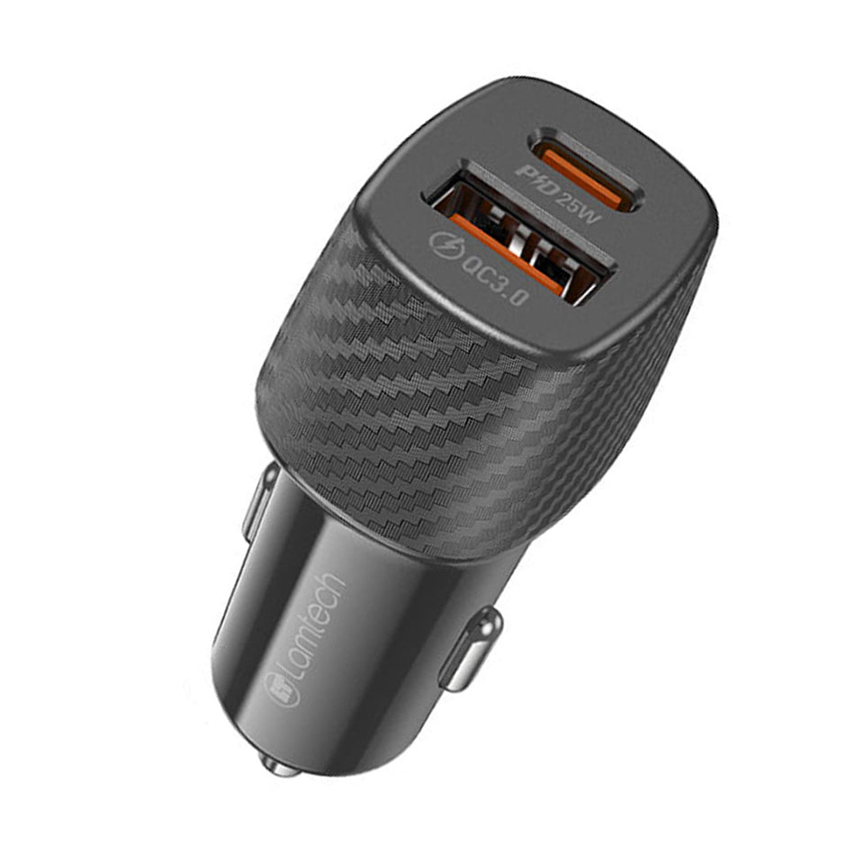 Lamtech Dual Port Car Fast Charger Type C Pd 25 W & Usb 18 W Black