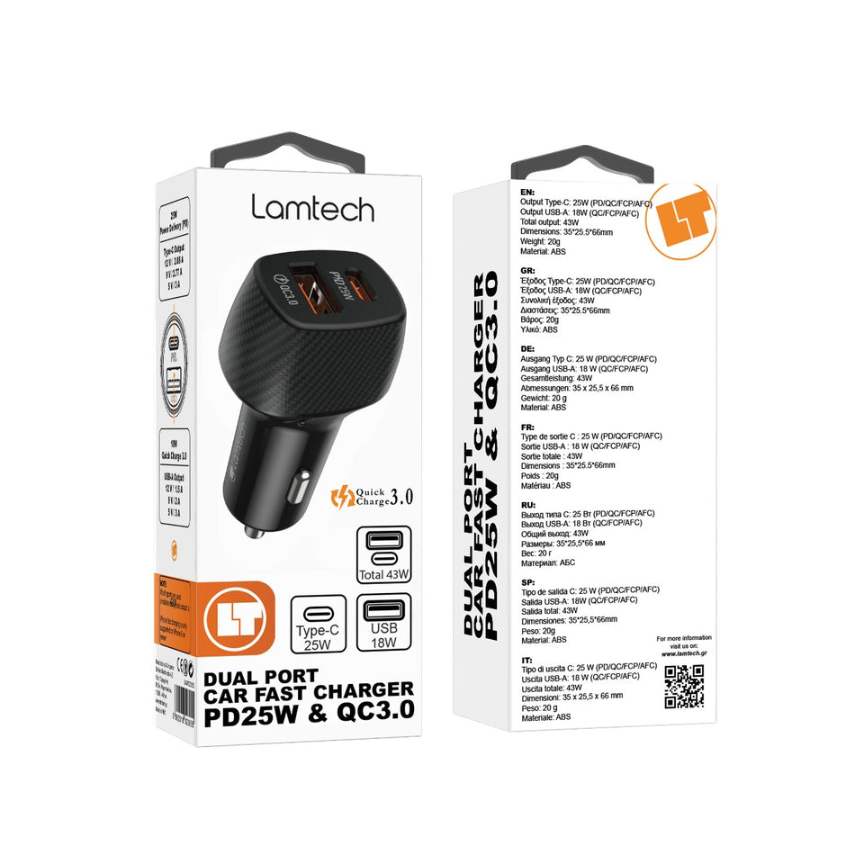 Lamtech Dual Port Car Fast Charger Type C Pd 25 W & Usb 18 W Black