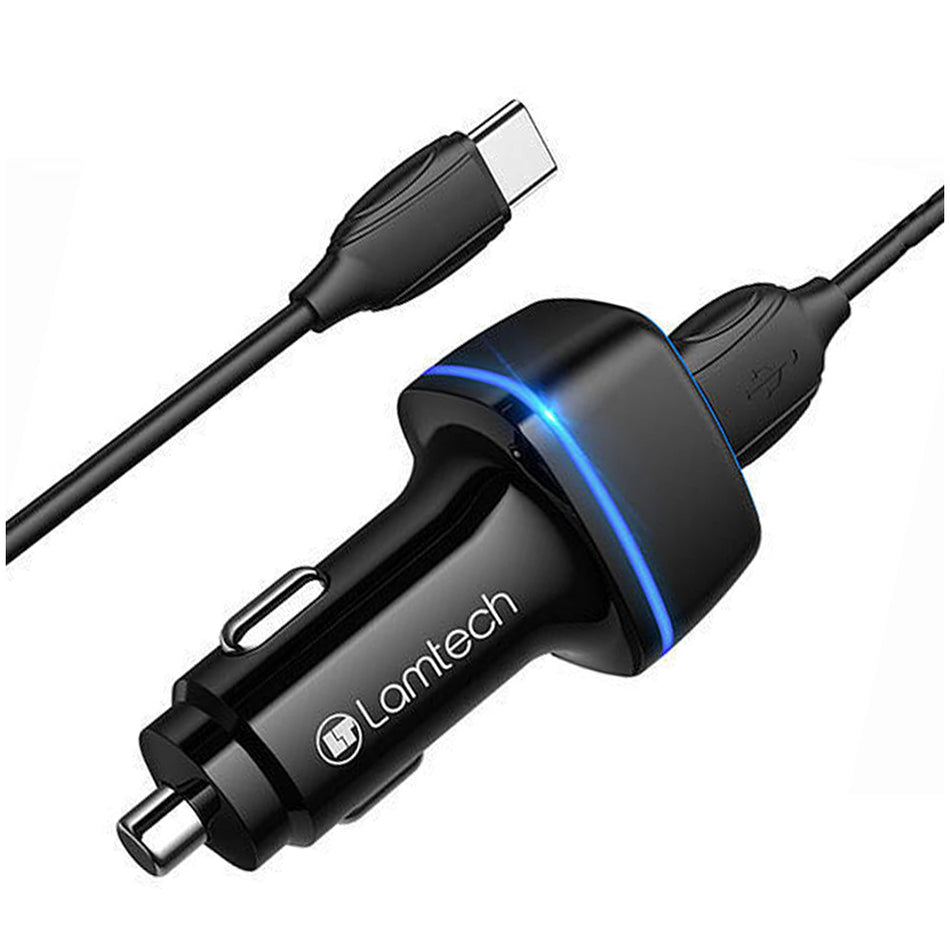 Lamtech 2x Usb 2,4 A Car Charger With Type C Cable 1 M Black