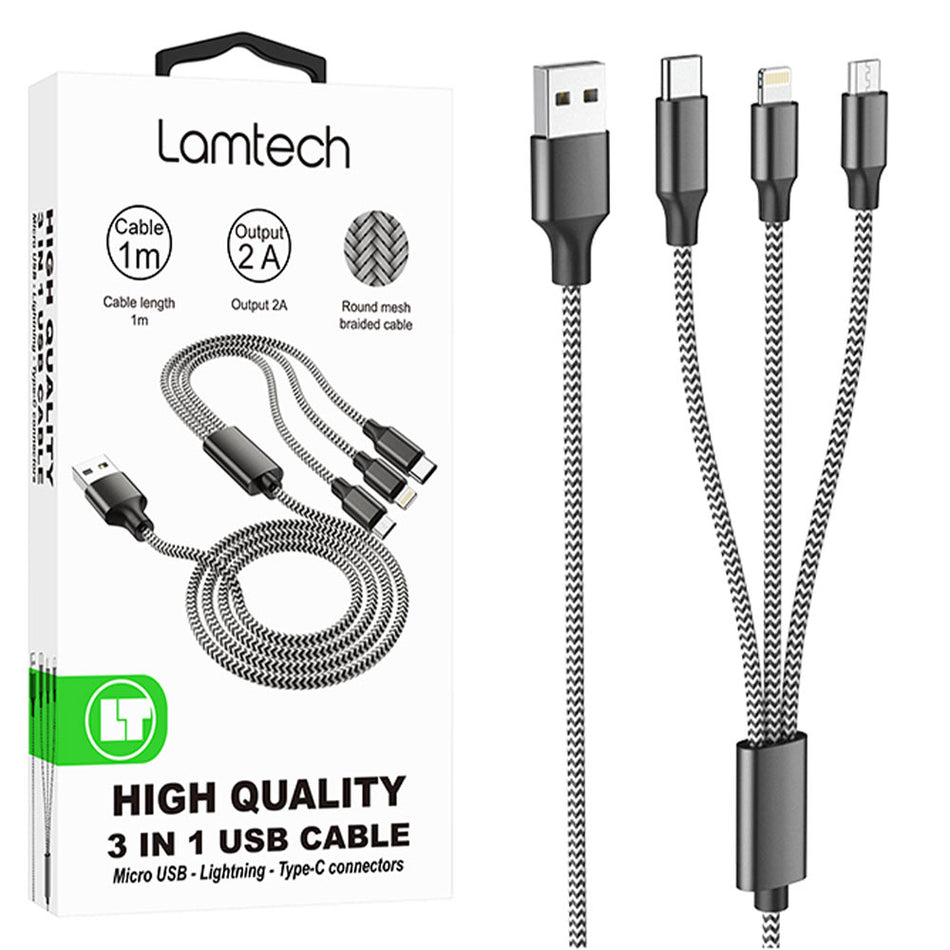 Lamtech High Quality 3 In 1 Usb Cable With Metallic Shell Black 1 M