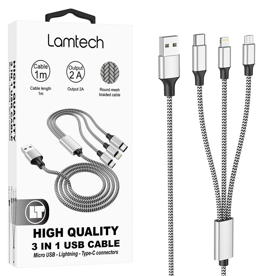 Lamtech High Quality 3 In 1 Usb Cable With Metallic Shell Silver 1 M