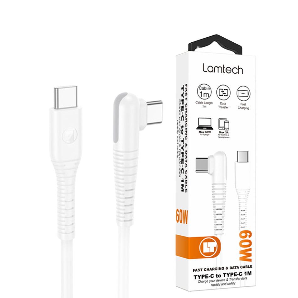 Lamtech Type C To Type C 60 W Angled Data & Charge Cable 1 M White