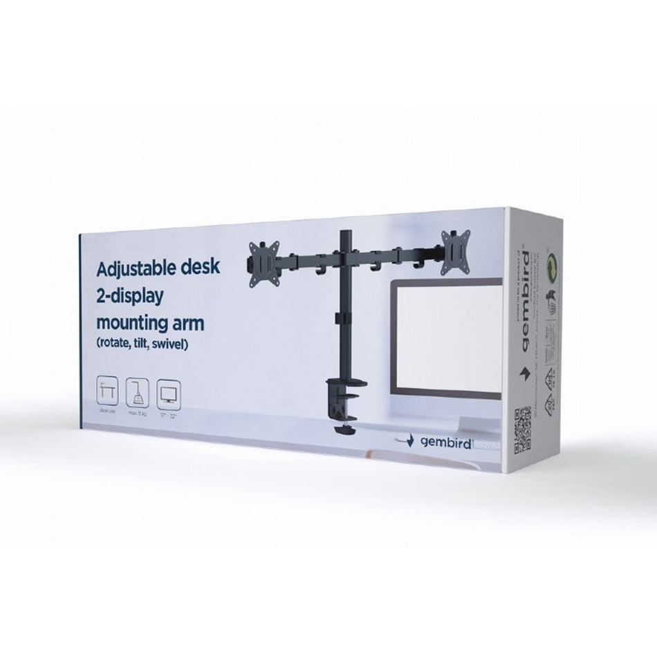 GEMBIRD ADJUSTABLE DESK 2-DISPLAY MOUNTING ARM RTS 17'-32' BLACK