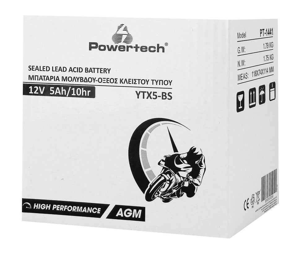 POWERTECH μπαταρία μολύβδου μοτοσυκλέτας PT-1441, 12V 5Ah, AGM, YTX5-BS