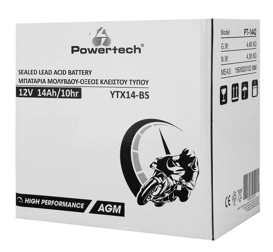 POWERTECH μπαταρία μολύβδου μοτοσυκλέτας PT-1442, 12V 14Ah, AGM, YTX14-BS