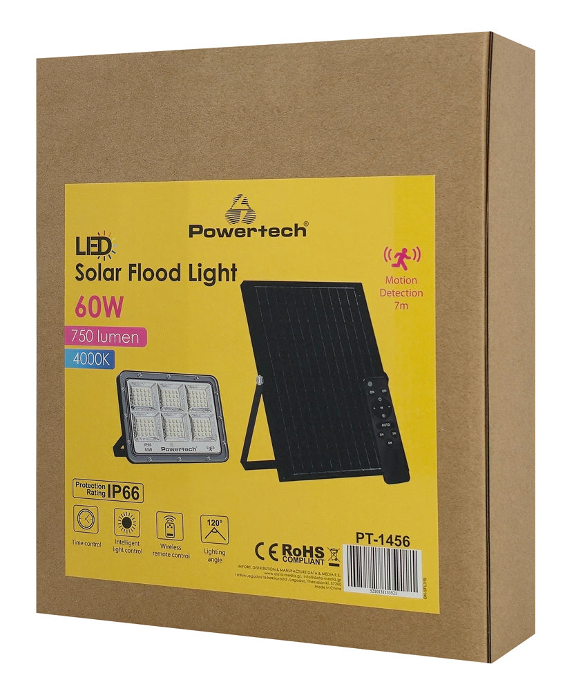 POWERTECH LED ηλιακός προβολέας PT-1456 με τηλεχειριστήριο, αισθητήρας κίνησης, 60W, 4000K, 750lm, IP66