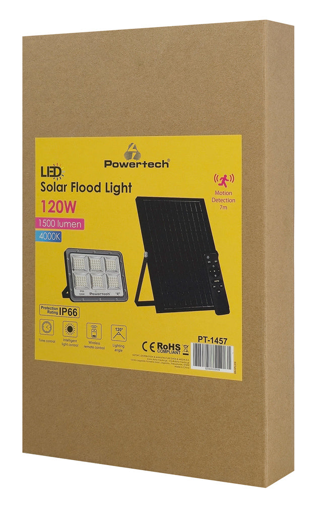POWERTECH LED ηλιακός προβολέας PT-1457 με τηλεχειριστήριο, αισθητήρας κίνησης, 120W, 4000K, 1500lm, IP66