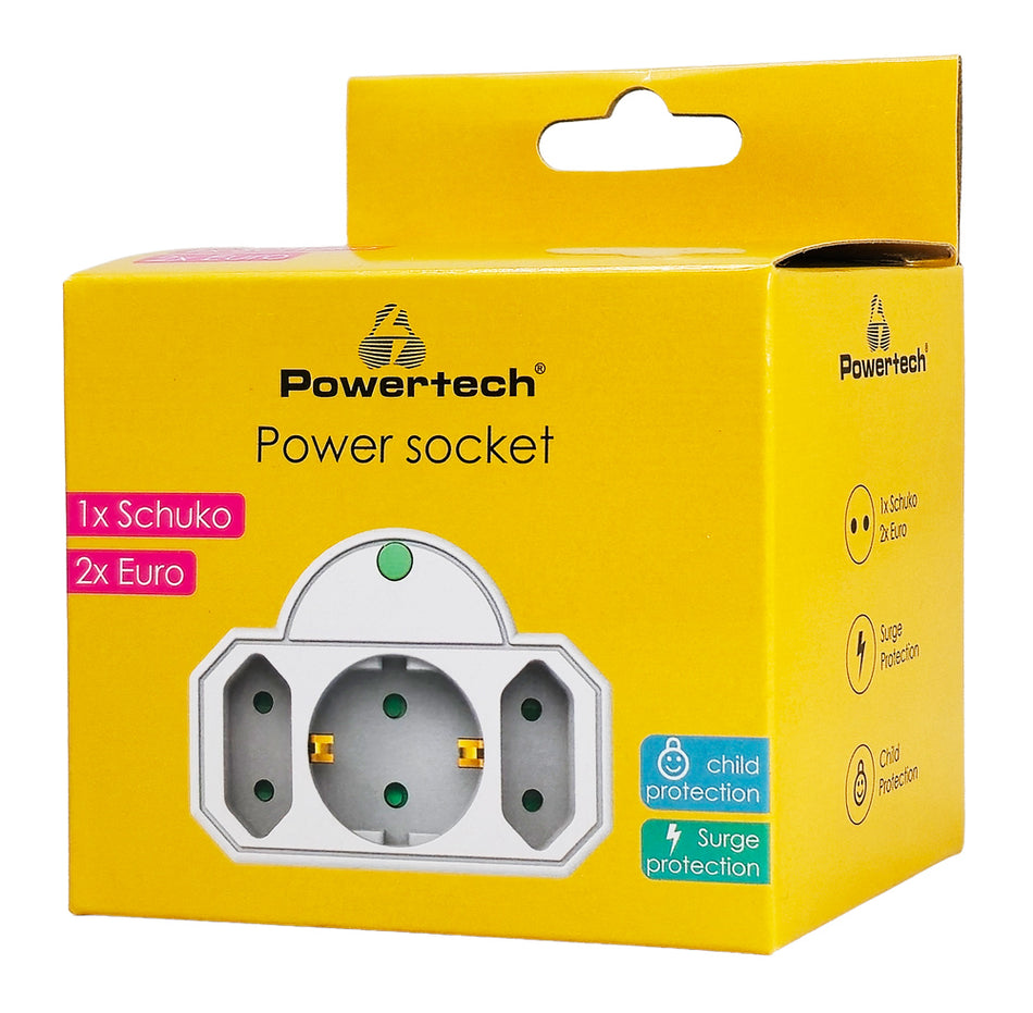 POWERTECH αντάπτορας ρεύματος PT-816 με προστασία υπέρτασης, 1x schuko, 2x euro, 16A, λευκός