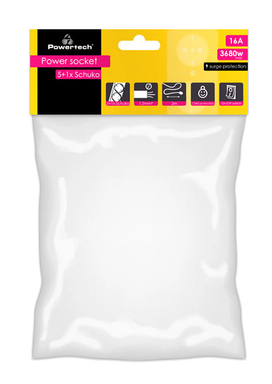 POWERTECH πολύπριζο ασφαλείας PT-994, 5+1 θέσεων schuko, 16A, 2m, μαύρο