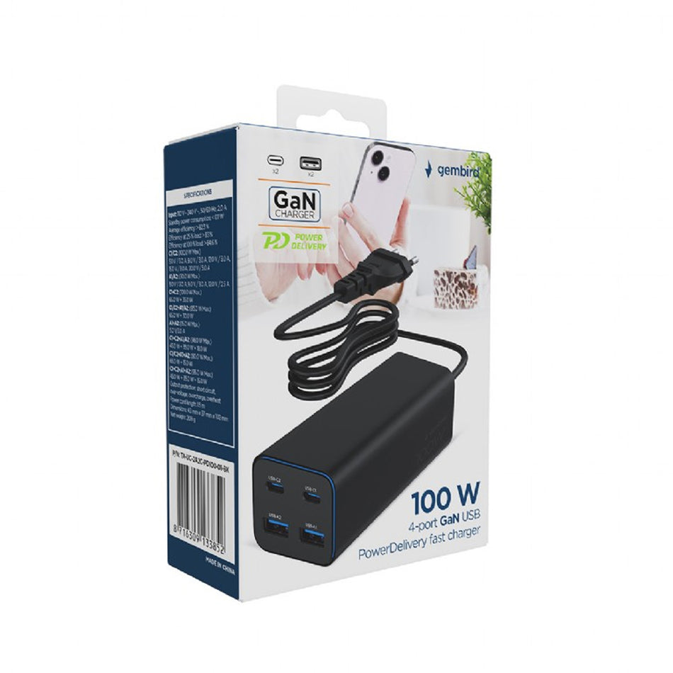 Gembird 4 Port 100 W Ga N Usb Pd Fast Charger Black