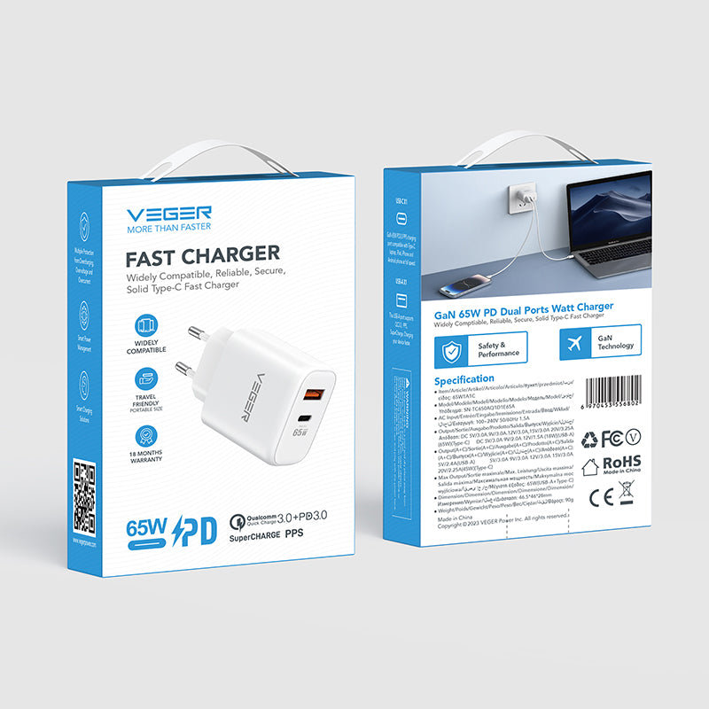 Veger TC650 - Φορτιστής Χωρίς Καλώδιο με Θύρα USB-A και Θύρα USB-C 65W Power Delivery / Quick Charge 3.0 Λευκός
