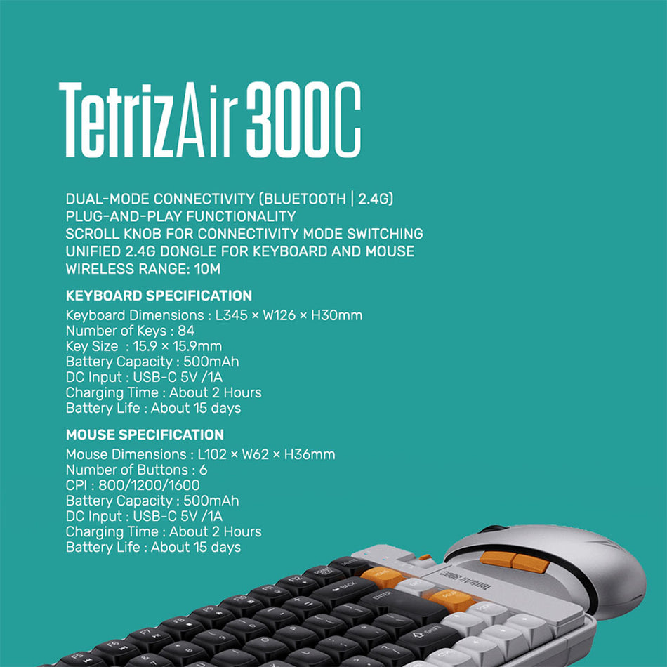 Alcatroz Bt5.3/2.4 G Multi Device Rechargeable Keyboard & Mouse Tetriz Air 300 C Summer White