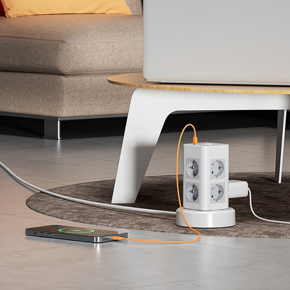 Tessan 11 In 1 Tower Surge Protector 8x Schuko, 2x Usb, 1x Type C, 2 M Retractable Cable