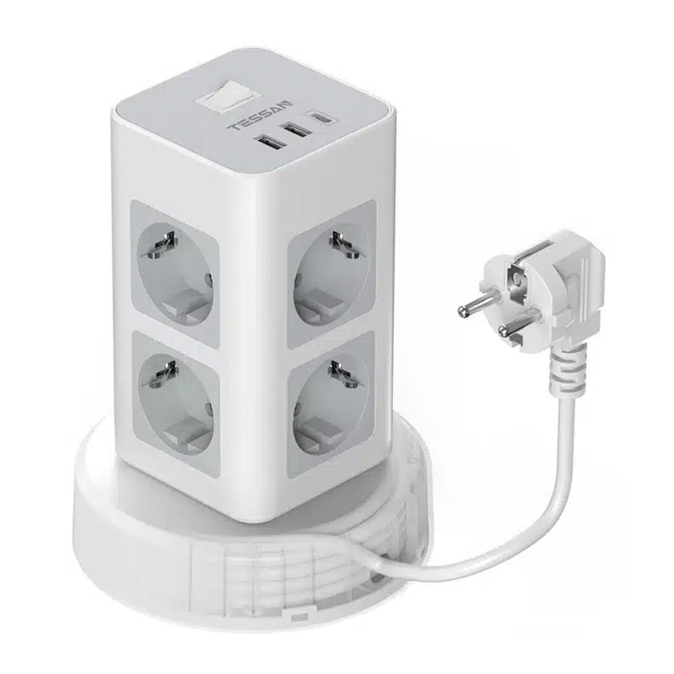 Tessan 11 In 1 Tower Surge Protector 8x Schuko, 2x Usb, 1x Type C, 2 M Retractable Cable