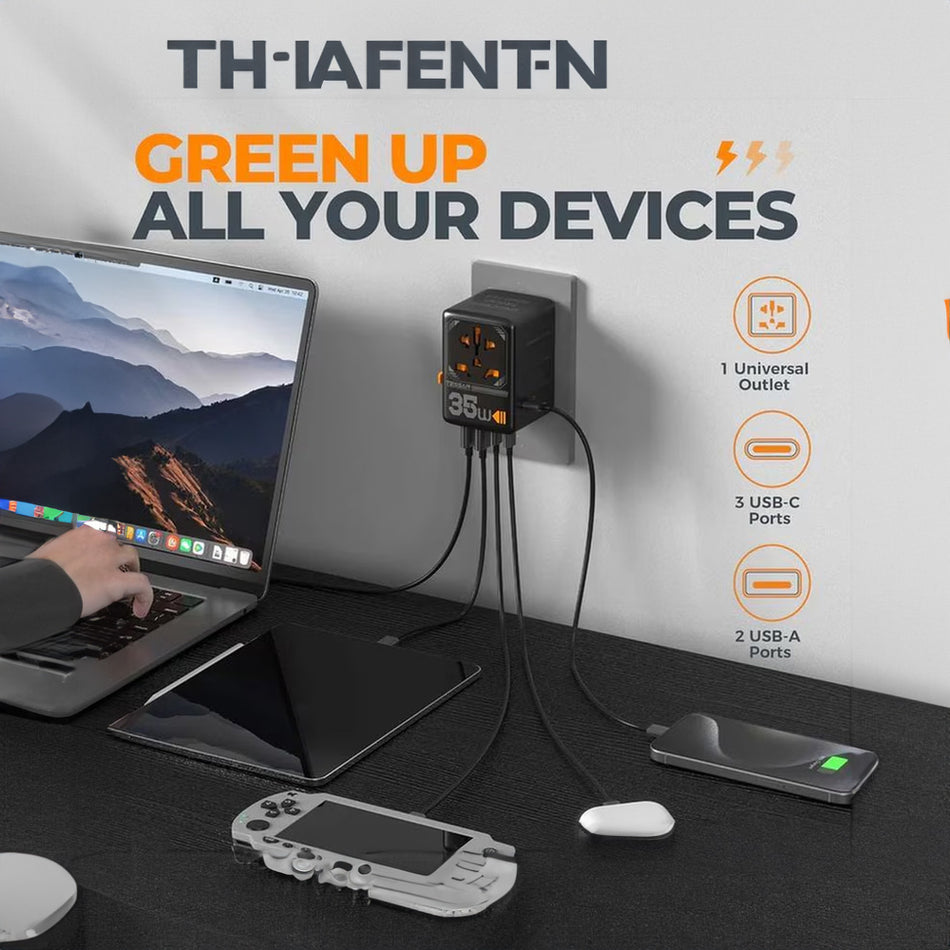 Tessan Universal Travel Adapter 2x Usb, 3x Type C Max 35 W