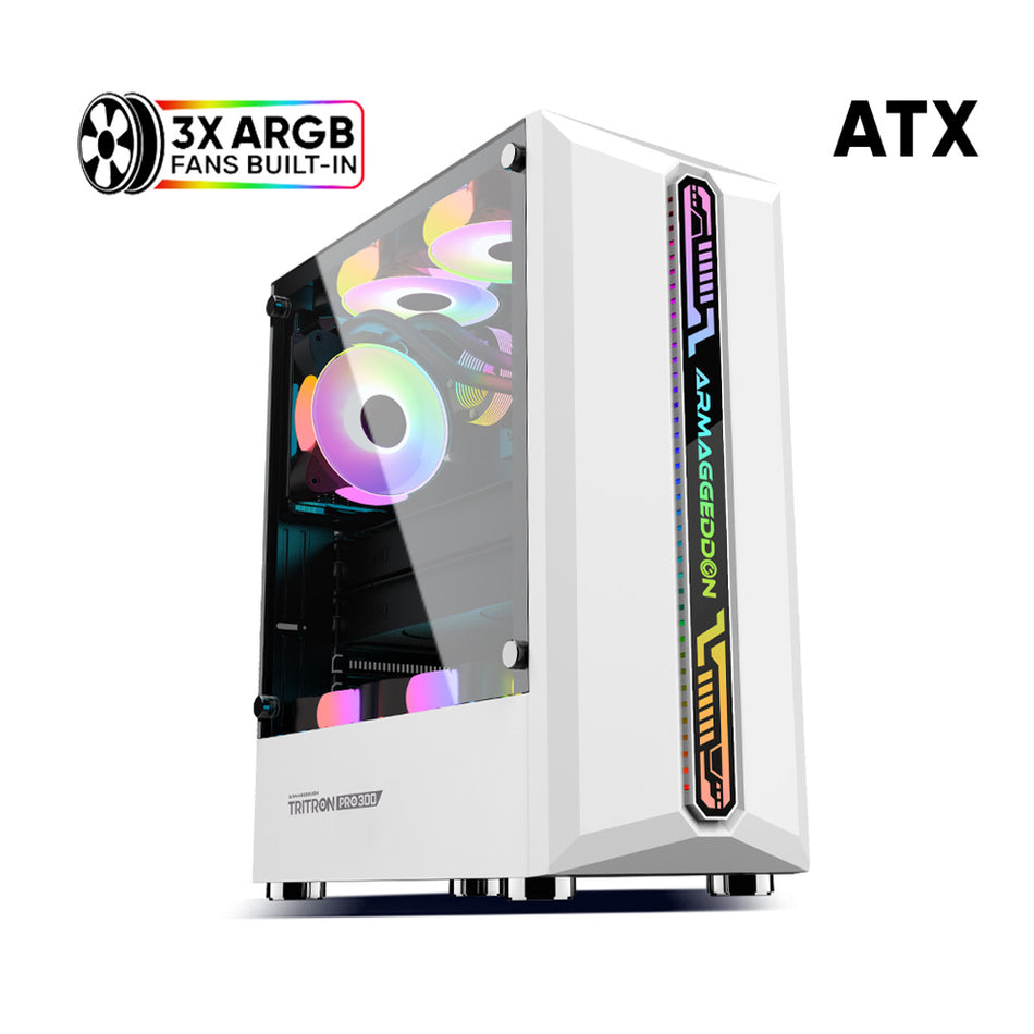 Armaggeddon Gaming Pc Case With 3 Argb Fans Tritron Pro 300 White