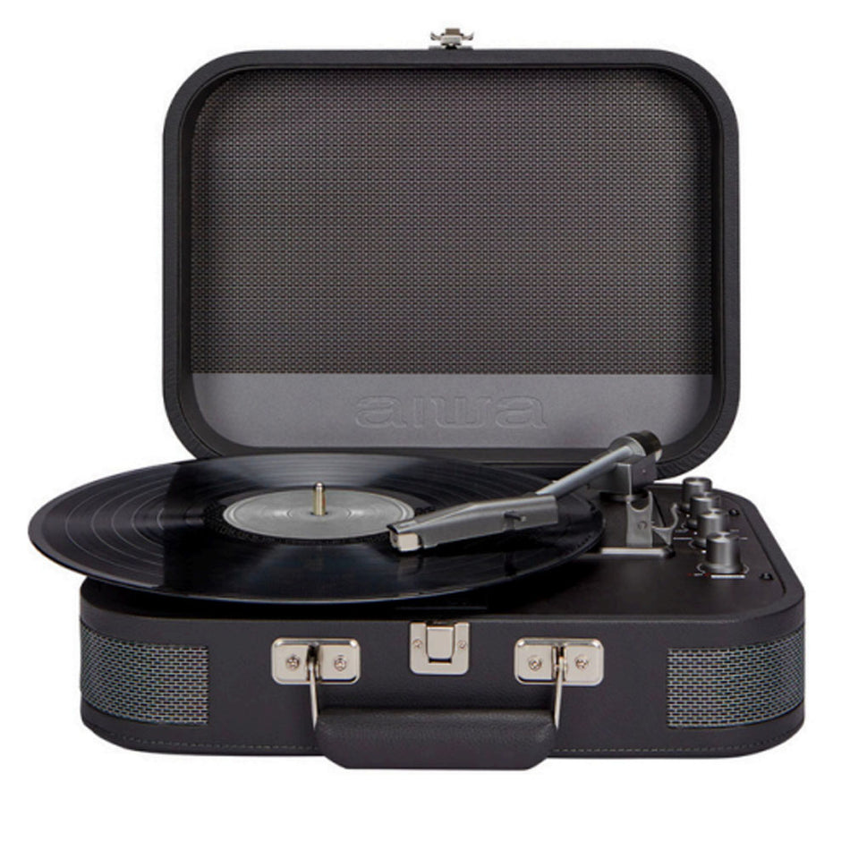 Aiwa Vintage Turntable In Leather Briefcase With 2 Way Bluetooth , Usb Mp3 Player & Recorder Dark Silver