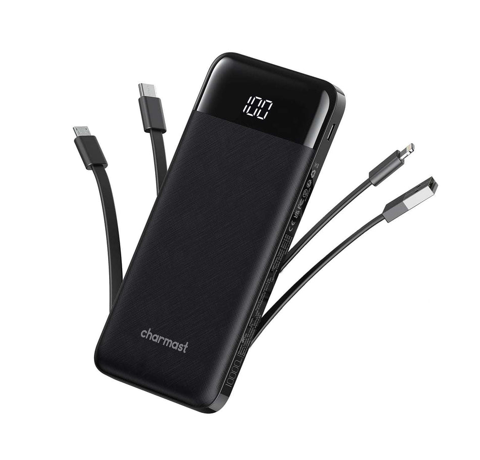 Charmast W1148 Power Bank 10000mAh PD20W with built-in cables Micro USB / Type C / Lightning 5V3A  black