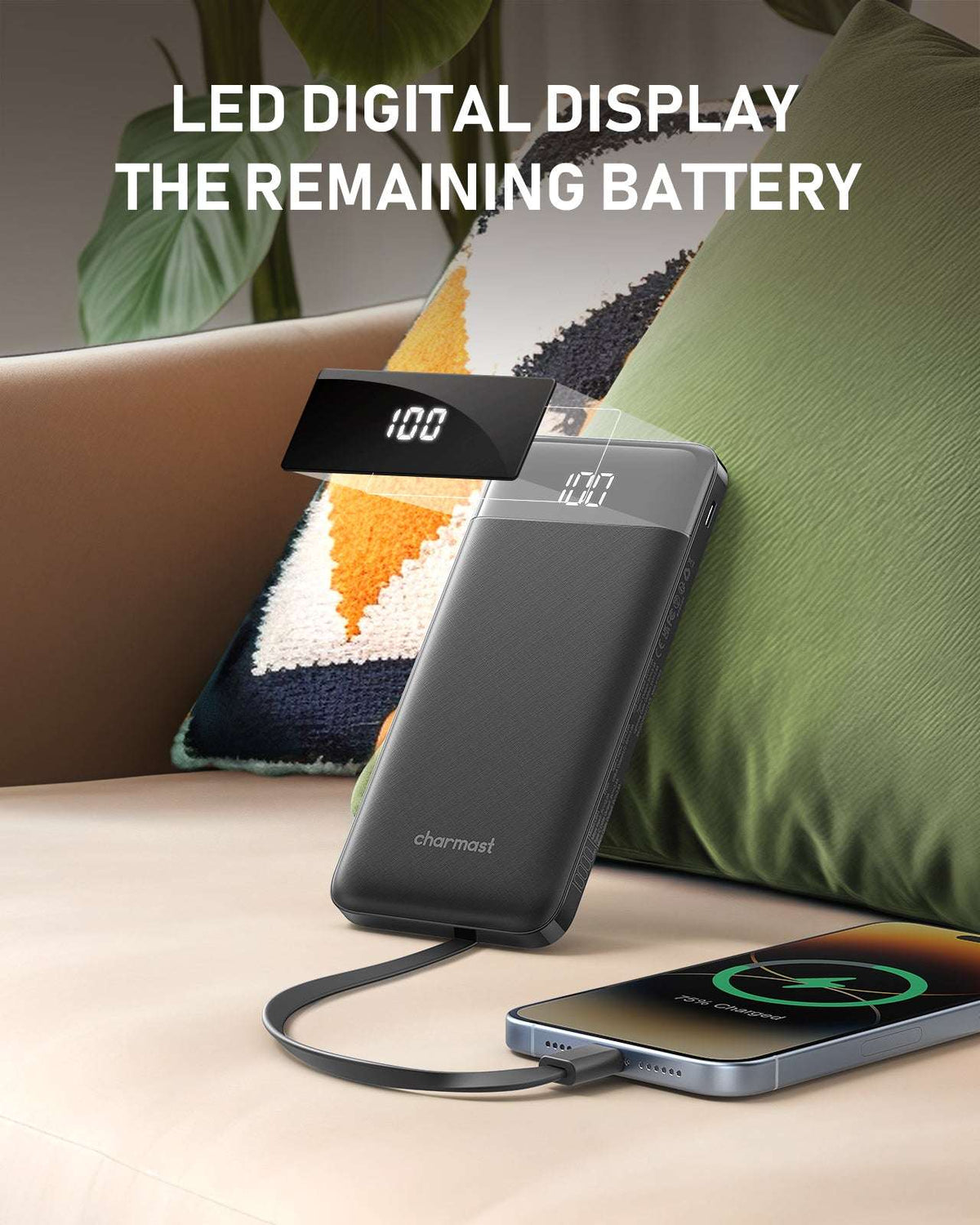 Charmast W1148 Power Bank 10000mAh PD20W with built-in cables Micro USB / Type C / Lightning 5V3A  black