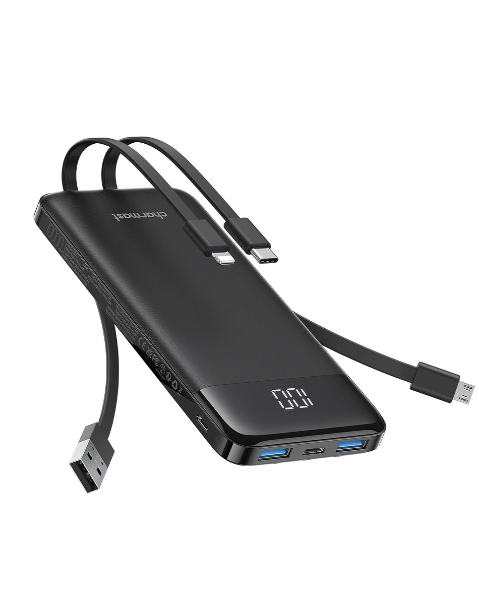 Charmast W1148 Power Bank 10000mAh PD20W with built-in cables Micro USB / Type C / Lightning 5V3A  black