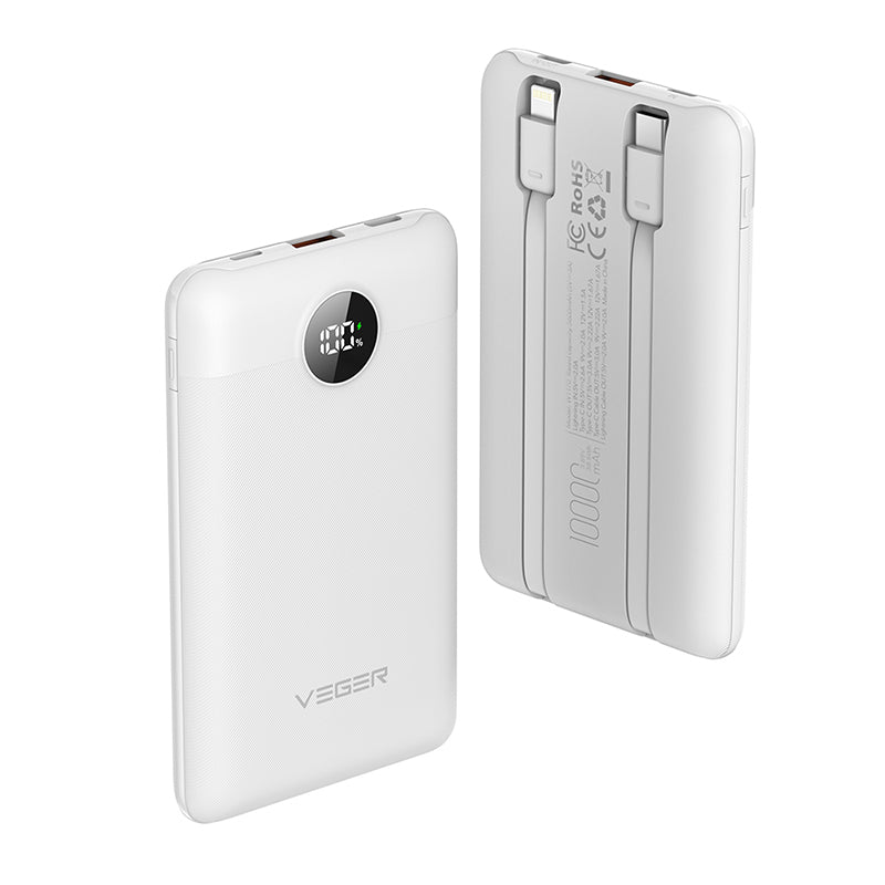 Veger C11C - 10,000mAh PD22.5W PD Digital Display Light Weight Powerbank With Built In Lightning & USB-C Cable Λευκό