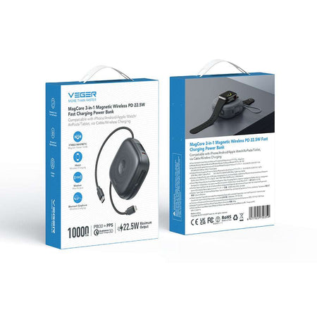 Veger W1185 - MagCore 3in1 - 10,000mAh PD20W Wireless Charging Powerbank for Apple iPhone, Watch & AirPods - Grey