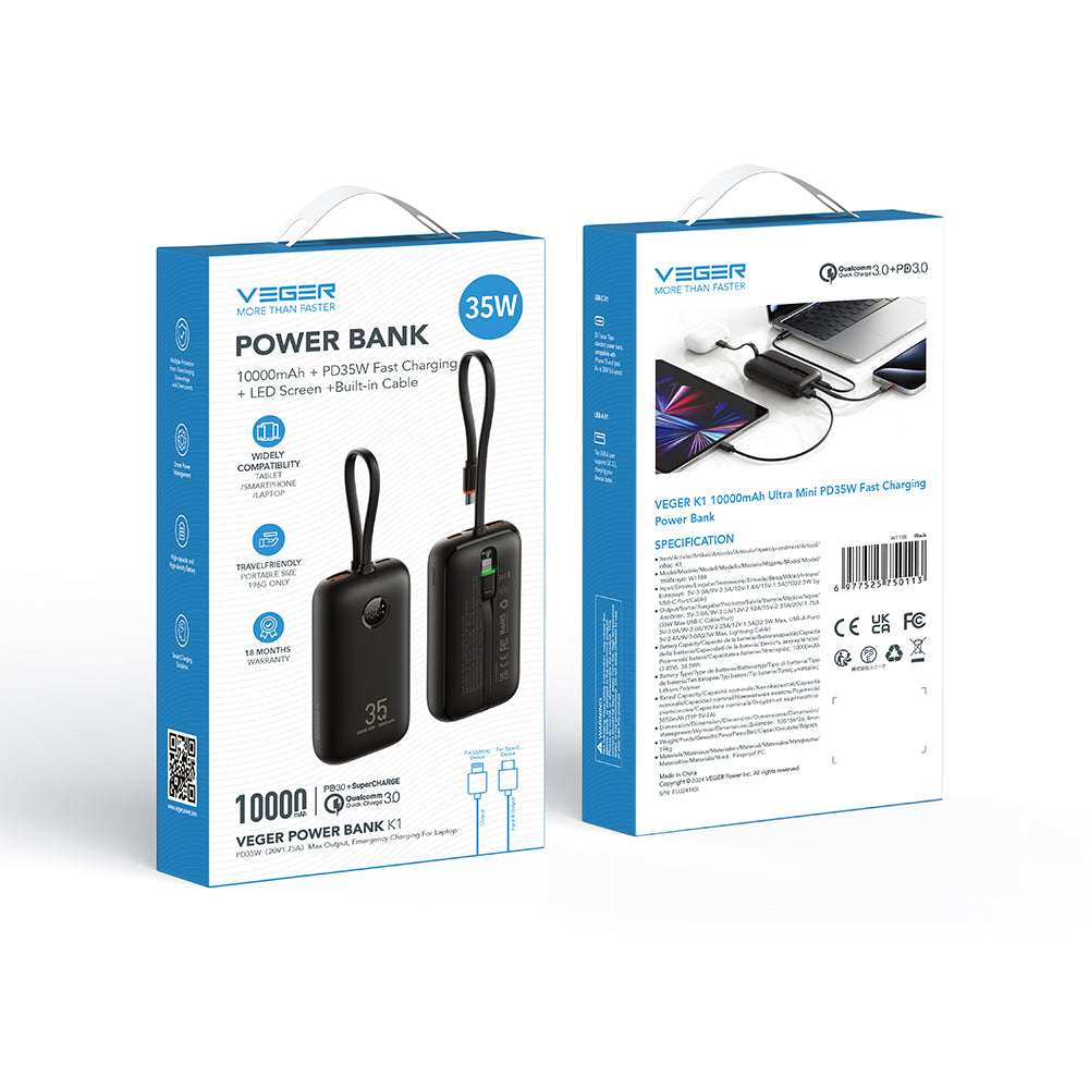 Veger K1 - 10,000mAh 35W PD Digital Display Powerbank With Built In Non-MFI Lightning & USB-C Cable