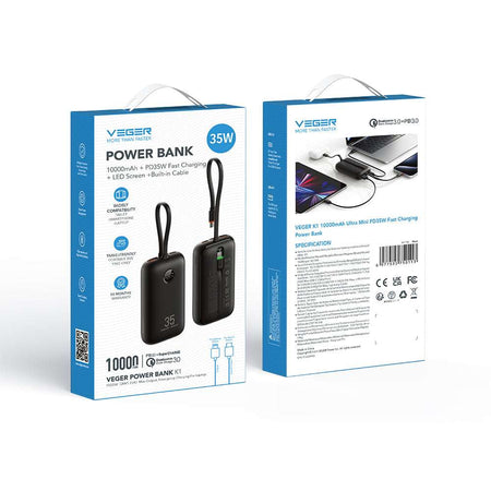 Veger K1 - 10,000mAh 35W PD Digital Display Powerbank With Built In Non-MFI Lightning & USB-C Cable
