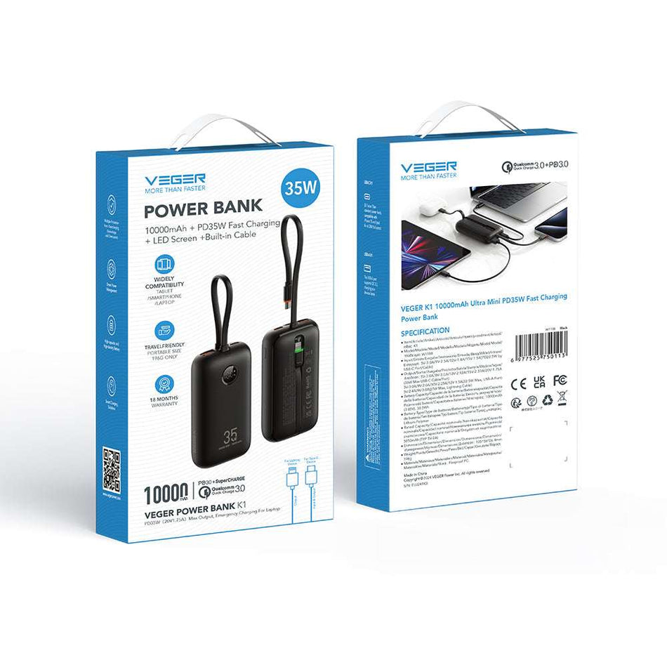Veger K1 - 10,000mAh 35W PD Digital Display Powerbank With Built In Non-MFI Lightning & USB-C Cable