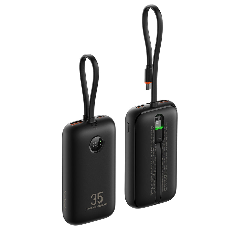 Veger K1 - 10,000mAh 35W PD Digital Display Powerbank With Built In Non-MFI Lightning & USB-C Cable