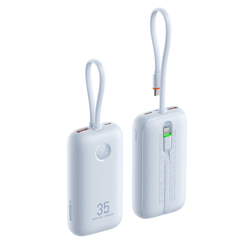 Veger K1 - 10,000mAh 35W PD Digital Display Powerbank With Built In Non-MFI Lightning & USB-C Cable
