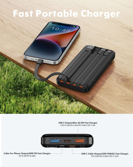 Charmast W2065 Power Bank 20000mAh PD20W with built-in cables Micro USB / Type C / Lightning 5V3A  black