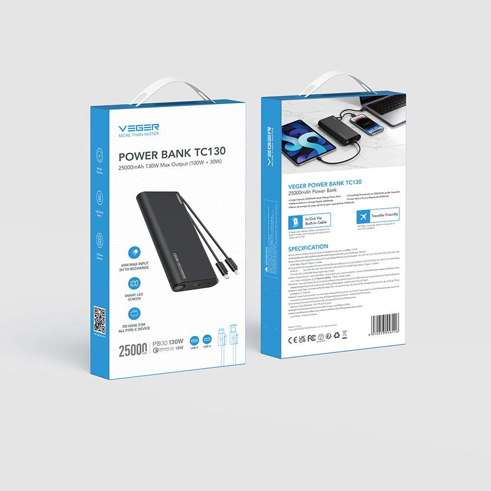 Veger TC130 Power Bank 25000mAh 130W με Θύρα USB-A και Θύρα USB-C Power Delivery Μαύρο