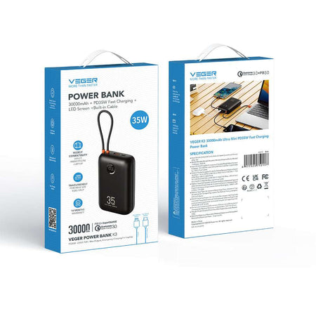 Veger K3 - 30,000mAh 35W PD Digital Display Powerbank With Built In Non-MFI Lightning & USB-C Cable - Black