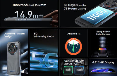 OUKITEL smartphone WP35, 6.6", 8/256GB, 5G, 11000mAh, IP68/IP69K, γκρι