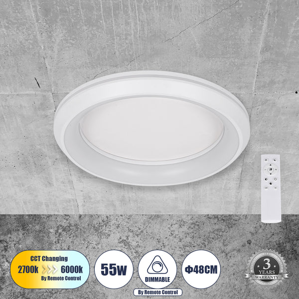 MELINA 61041 Πλαφονιέρα Οροφής Κύκλος LED CCT 55W 6376lm 120° AC 220-240V - Εναλλαγή Φωτισμού μέσω Τηλεχειριστηρίου All In One Ψυχρό Λευκό 6000k+Φυσικό Λευκό 4500k+Θερμό Λευκό 2700k Dimmable Φ48cm - Λευκό - 3 Years Warranty