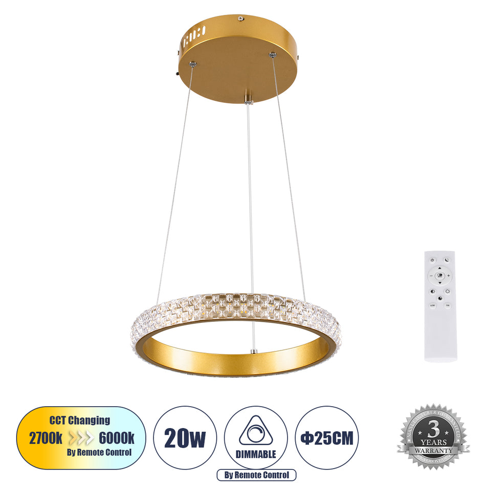 GLOBOSTAR® DIAMOND 61127 Μοντέρνο Κρεμαστό Φωτιστικό Οροφής LED 20W 2356lm 360° AC 220-240V IP20 Ρυθμιζόμενο Λευκό CCT με Χειριστήριο από 2700K έως 6000K Dimmable - Lumileds SMD Chip - Χρυσό Βούρτσας - Μ25 x Π25 x Υ3cm - 3 Χρόνια Εγγύηση