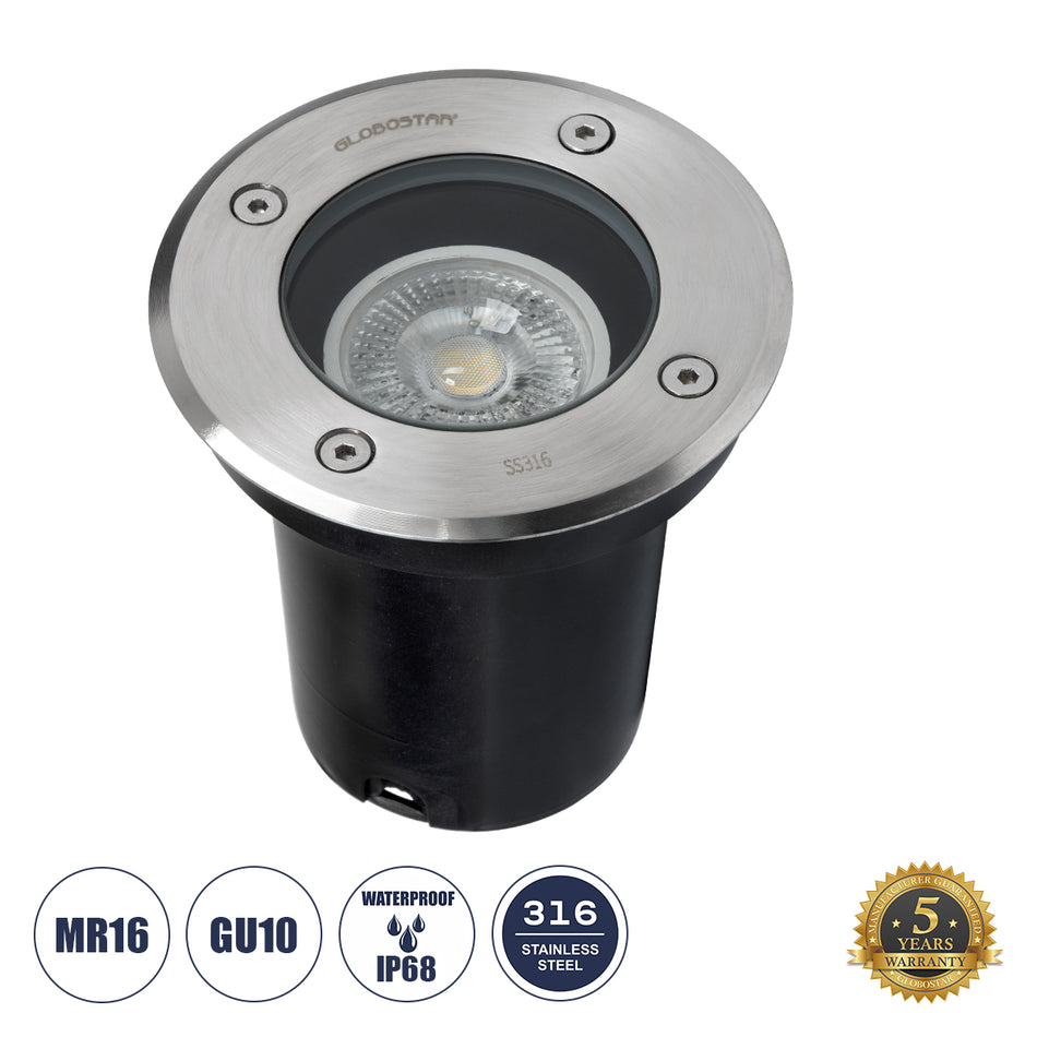 GLOBOSTAR® GIGO 60363 Χωνευτό Φωτιστικό Δαπέδου Σποτ για Λάμπα MR16 με Ντουί 1 x GU10 AC 220-240V Αδιάβροχο IP68 IK09 - Ανοξείδωτο Ατσάλι SS316 - Μ11 x Π11 x Υ11.5cm / Q10.4cm