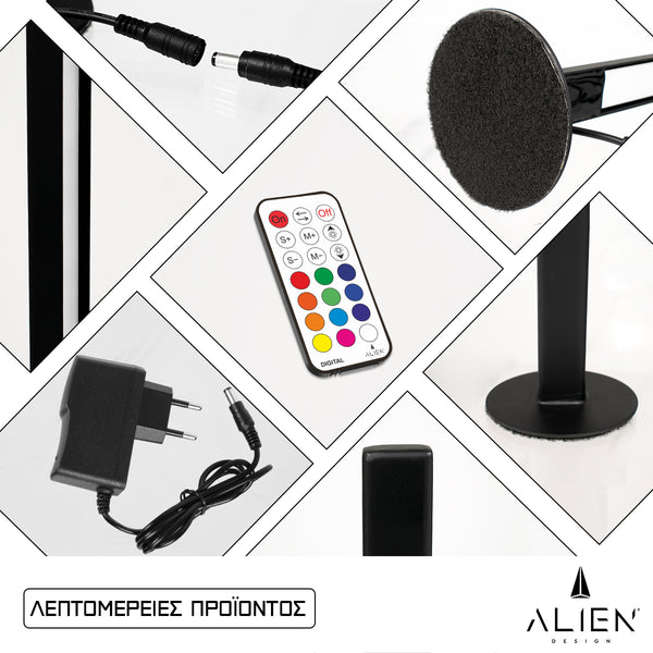 ALIEN-DIVA-BLACK-50-11 ALIEN Design DIVA Μοντέρνο Minimal Nordic Μεταλλικό Φωτιστικό Επιτραπέζιο - Πορτατίφ - Λαμπατέρ Μαύρο LED 10W 1500lm με Ασύρματο Χειριστήριο RF & Dimmer IP20 Πολύχρωμο RGBW Ψηφιακή με Τρεχούμενα Εφέ  Μ3 x Π1.6 x Υ50cm