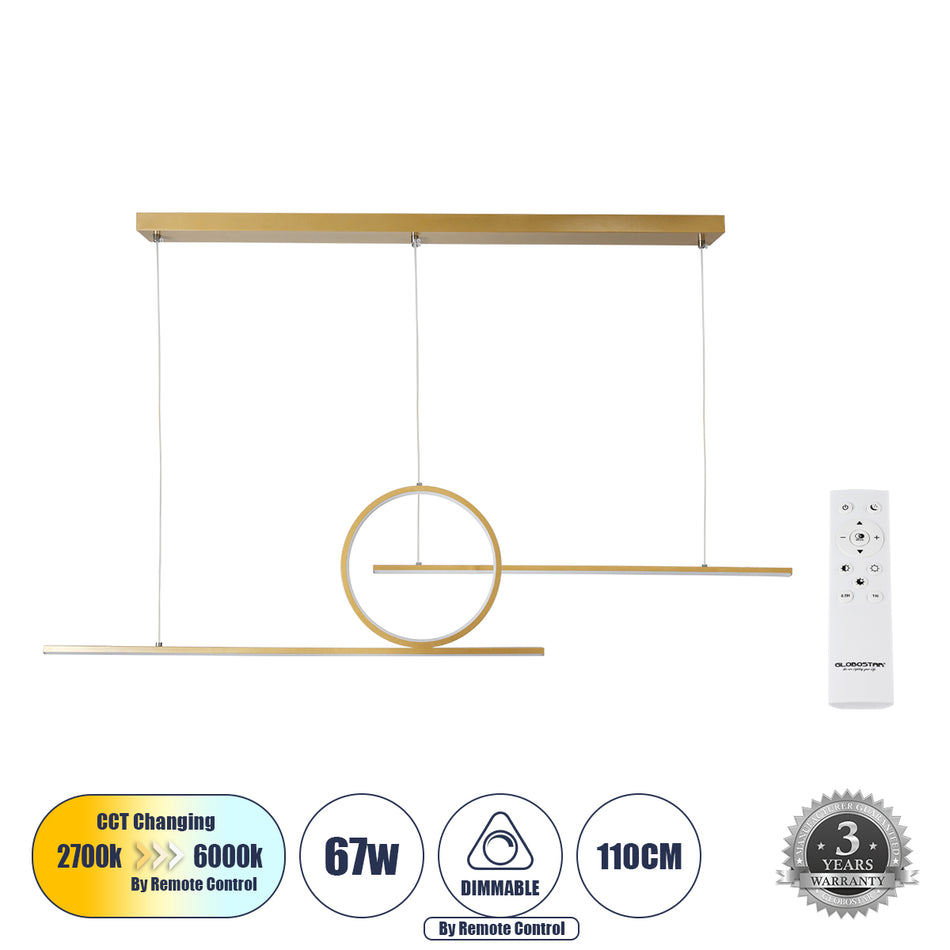GLOBOSTAR® TEREZA 61289 Μοντέρνο Κρεμαστό Φωτιστικό Οροφής LED 67W 7504lm 300° AC 220-240V IP20 Ρυθμιζόμενο Λευκό CCT με Χειριστήριο από 2700K έως 6000K Dimmable - Lumileds SMD Chip - Χρυσό Βούρτσας - Μ110 x Π4.5 x Υ34cm - 3 Χρόνια Εγγύηση