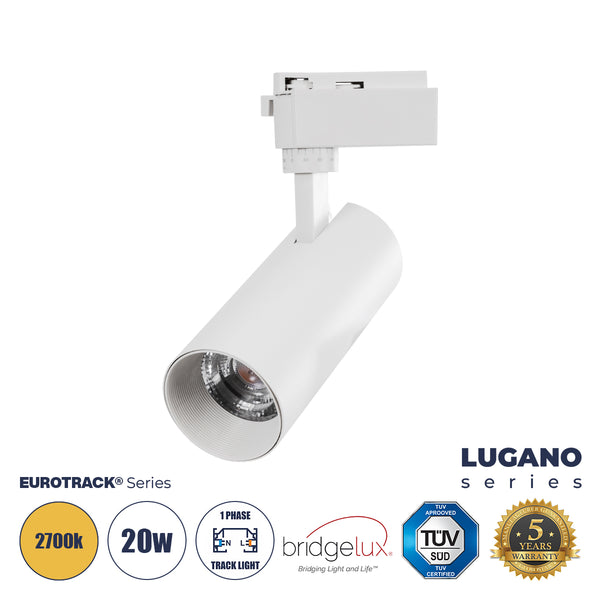 LUGANO Einphasige LED-Schienenleuchte 20 W 2400 lm 36° Acryl HQ-LINSE AC 220-240 V IP20 Φ6,5 x H22 cm Warmweiß 2700 K – EUROTRACK®-System 1L+1N – Weiß – Bridgelux-Chip – TÜV-zertifizierter Treiber – 5 Jahre Garantie