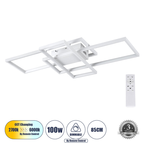 QUADRA 61386 Φωτιστικό Οροφής Design LED CCT 100W 12000lm 120° AC 220-240V - Εναλλαγή Φωτισμού μέσω Τηλεχειριστηρίου All In One Ψυχρό 6000k+Φυσικό 4500k+Θερμό 2700k Dimmable Μ85 x Π45 x Υ9cm - Λευκό - 3 Years Warranty