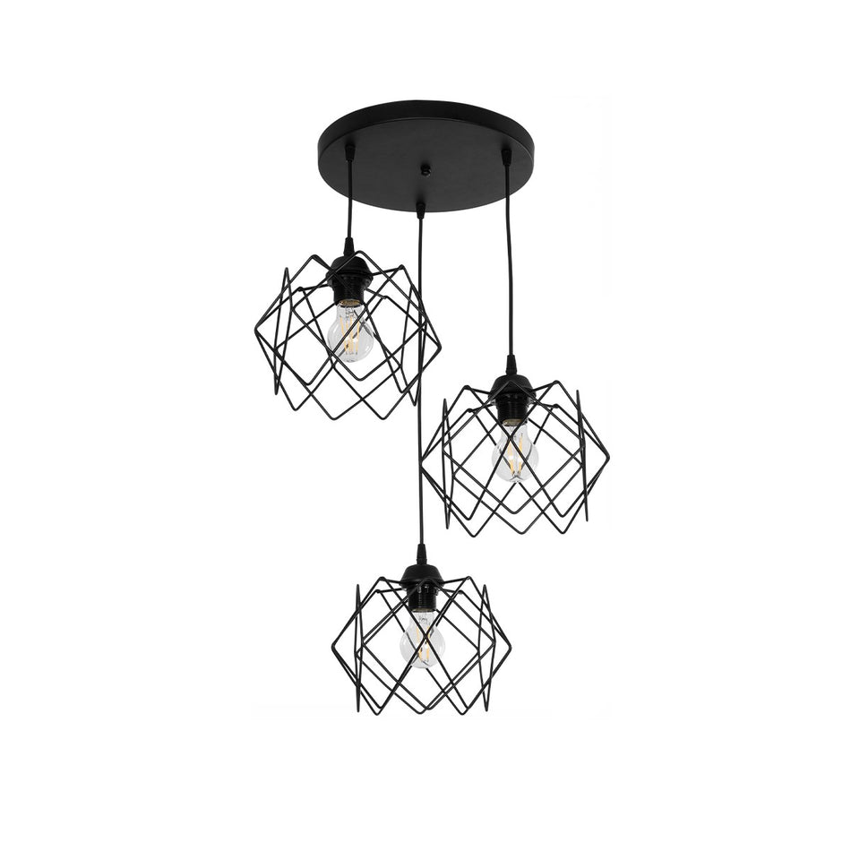 GLOBOSTAR® DAZLA 201-0024 Vintage Κρεμαστό Φωτιστικό Οροφής με Ντουί 3 x E27 AC 220-240V IP20 - Μαύρο - Μ47 x Π47 x Υ60cm