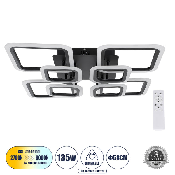 ROYAL-S 61325 Φωτιστικό Οροφής Design LED CCT 135W 16200lm 360° AC 220-240V - Εναλλαγή Φωτισμού μέσω Τηλεχειριστηρίου All In One Ψυχρό 6000k+Φυσικό 4500k+Θερμό 2700k Dimmable Μ58.5 x Π58.5 x Υ12cm - Μαύρο - 3 Years Warranty