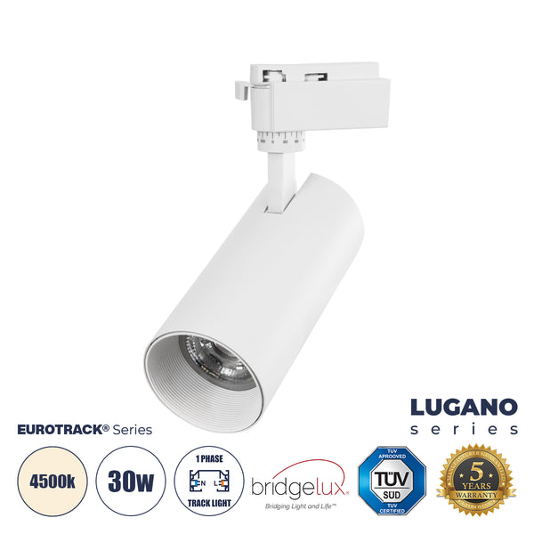 LUGANO 60813 Μονοφασικό Φωτιστικό Σποτ Ράγας LED 30W 3750lm 36° Acrylic HQ LENS AC 220-240V IP20 Φ7.5 x Υ22.7cm Φυσικό Λευκό 4500K - EUROTRACK® System 1L+1N - Λευκό - Bridgelux Chip - TÜV Certified Driver - 5 Χρόνια Εγγύηση