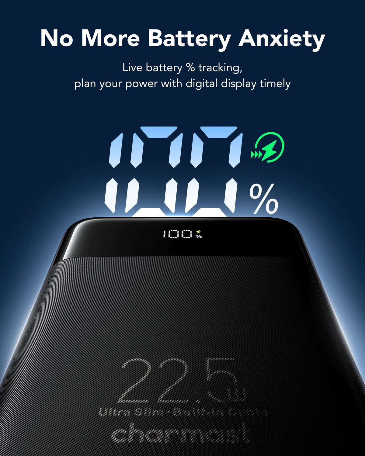Charmast W1202 PD22.5W Power Bank 10000mAh Built-in 2 Cable LED Display Screen - Black