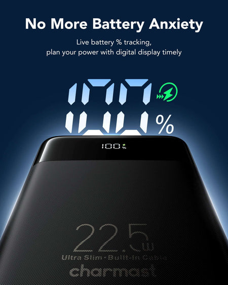 Charmast W1202 PD22.5W Power Bank 10000mAh Built-in 2 Cable LED Display Screen - Black