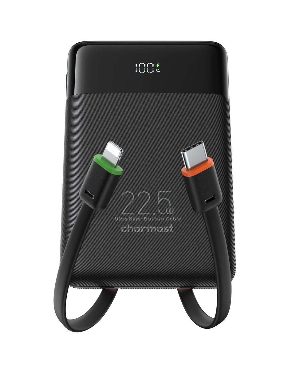 Charmast W1202 PD22.5W Power Bank 10000mAh Built-in 2 Cable LED Display Screen - Black